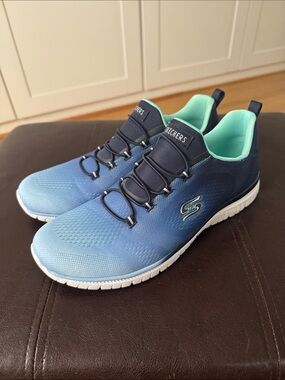 Skechers Women’s Blue Gradient Slip-On Sneakers with Mint Lining